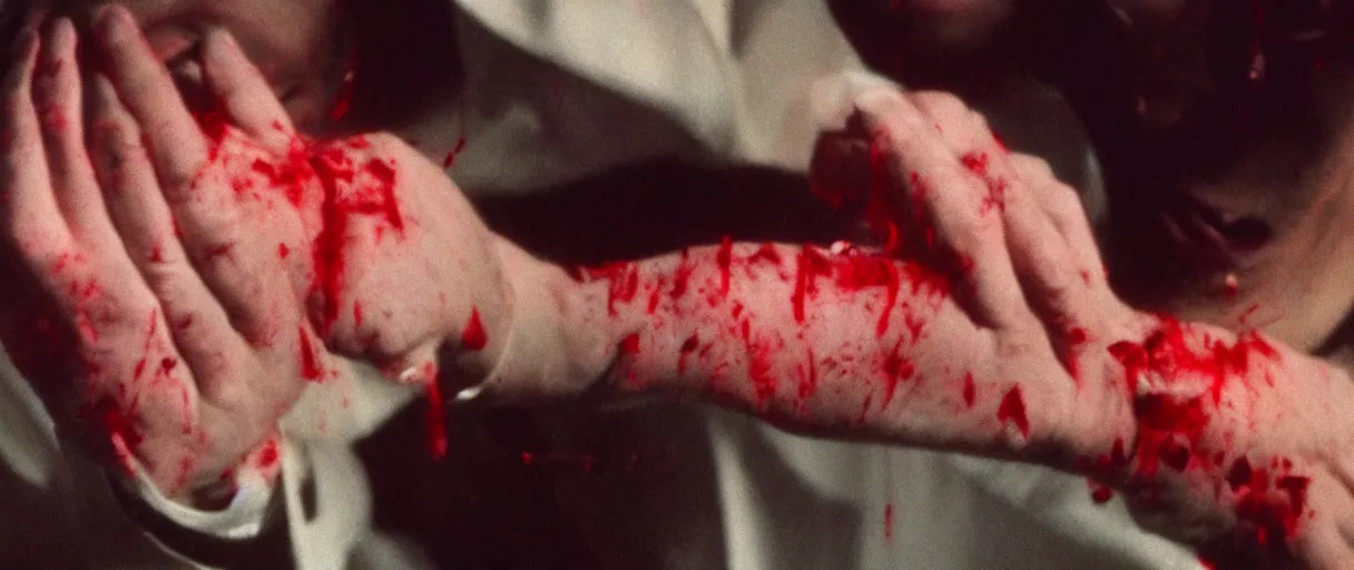 Image similar to filmic dutch angle movie still 4k UHD 35mm film color photograph of a screaming horrified doctor looking down at his wrist, his hand has been cut off, blood is gushing from the wound