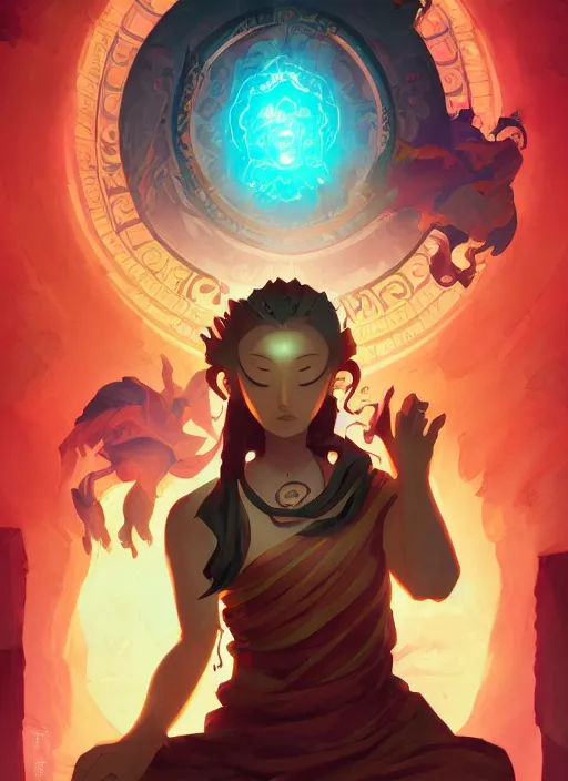 Prompt: Tibetan Book of the Dead being opened and revealing a portal to Limbo, in the Style of Artgerm and Charlie Bowater and Atey Ghailan and Mike Mignola, vibrant colors and hard shadows and strong rim light, Comic Cover Art, plain background, trending on artstation