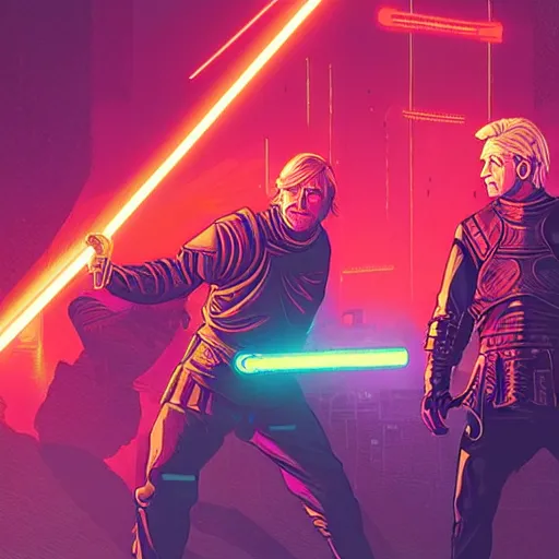 Image similar to jaime lannister and brienne of tarth fighting a thousand neon zombies with lightsabers, cyberpunk art by james gilleard, cgsociety, retrofuturism, synthwave, retrowave, outrun