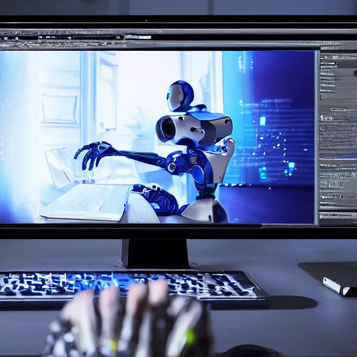 Prompt: a female metalic robot painting a picture of a website designer sat at a computer desk, 4k, unreal 5