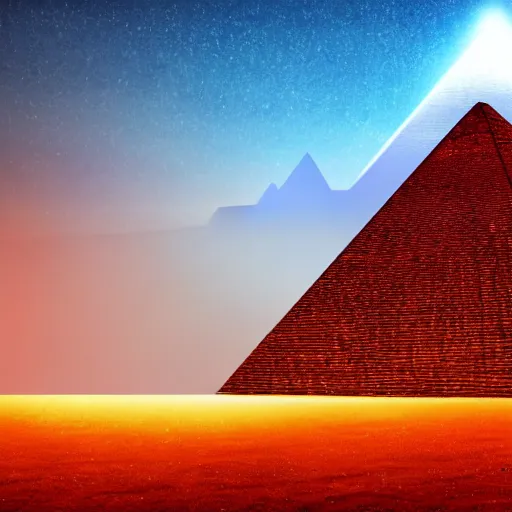 Image similar to big pyramid with blue glow lights and fog in background, huge spaceship in sky, cinematic looking, drama, scary