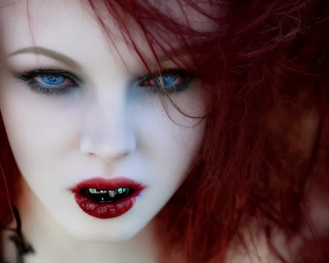 Image similar to award winning 5 5 mm close up face portrait photo of an anesthetic and beautiful redhead vampire lady who looks directly at the camera with bloodred wavy hair, intricate eyes that look like gems and long sharp fangs, in a park by luis royo. rule of thirds.