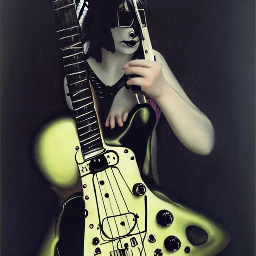 Prompt: Goth girl playing electric guitar by Mario Testino, oil painting by Gottfried Helnwein, masterpiece