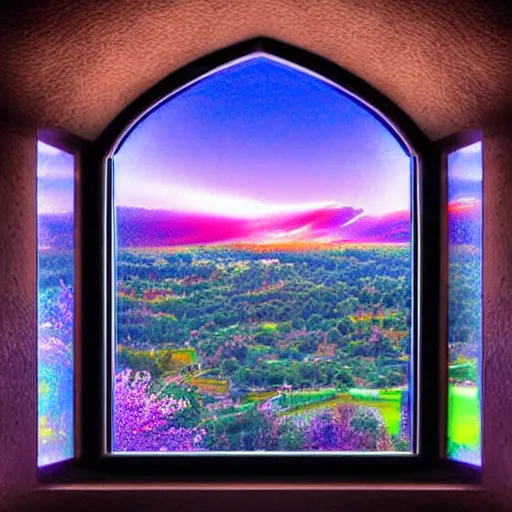 Prompt: Window View of Heavenly Beautiful Scenery with iridescent towers castles of light Highly detailed Trees Gardens flowers in bloom birds clouds sunset holographic metallic prismatic reflections metallic hummingbirds Depth of field HDR 8K