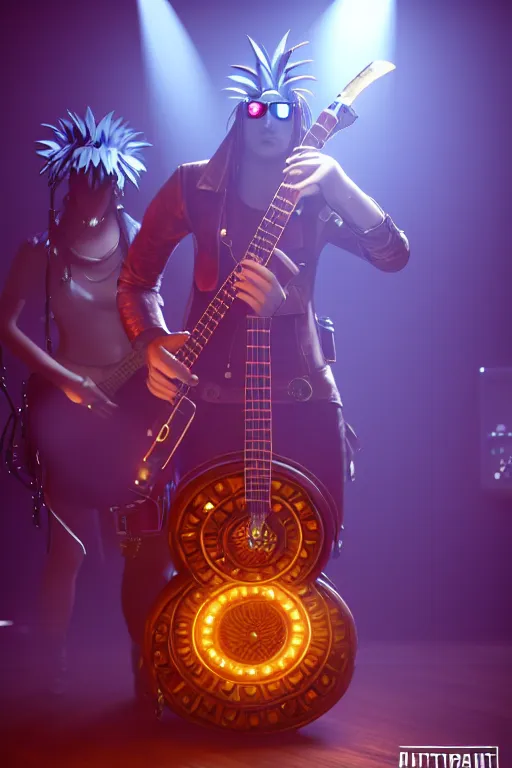 Image similar to a steampunk pineapple, playing electric guitar at a night club, focus on the musicians, cinematic lighting, exaggerated detailed, unreal engine, octane render, trending on artstation, art by greg rutkowski, 4 k