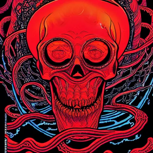 Prompt: a glowing red skull in the sea enveloped by jellyfish tendrils and black seaweed by josan gonzalez and dan mumford and laurie greasley and harry clarke, highly detailed, high contrast