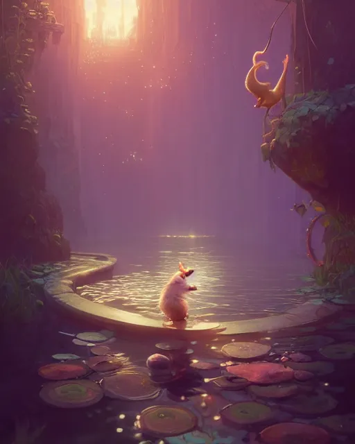 Image similar to highly detailed vfx portrait of a cute little rat casting water magic, unreal engine, greg rutkowski, loish, rhads, beeple, makoto shinkai and lois van baarle, ilya kuvshinov, rossdraws, tom bagshaw, alphonse mucha, global illumination, detailed and intricate environment