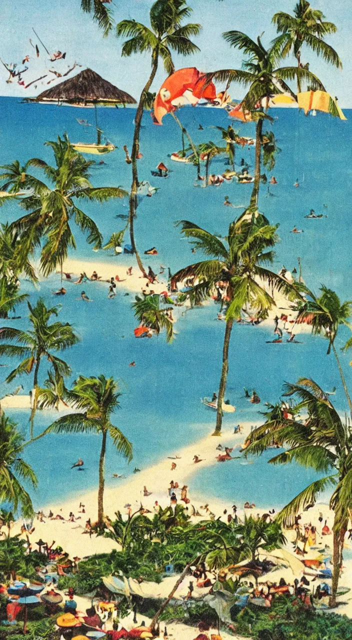 Image similar to a 1920s vacation pamphlet about a Caribbean beach,