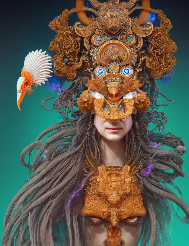 Image similar to 3 d goddess close - up 3 / 4 portrait with ram skull. beautiful intricately detailed japanese crow kitsune mask and clasical japanese kimono. betta fish, jellyfish phoenix, bio luminescent, plasma, ice, water, wind, creature, artwork by tooth wu and wlop and beeple and greg rutkowski