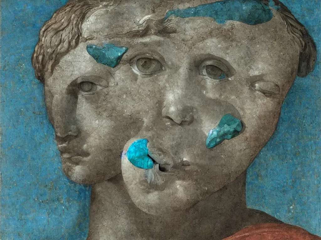 Image similar to marble greek sculpture head of the god of nightmares with inlaid crystal eye. lapis - lazuli, turquoise, malachite, cinnabar, earth brown. painting by piero della francesca, balthus, agnes pelton