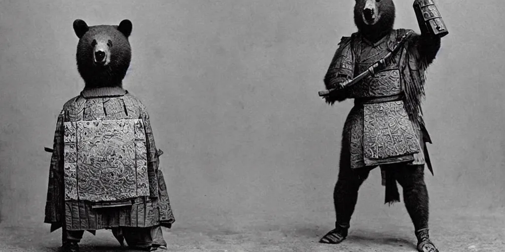 Image similar to anthropomorphic asian black bear in full samurai armor, 1900s photo