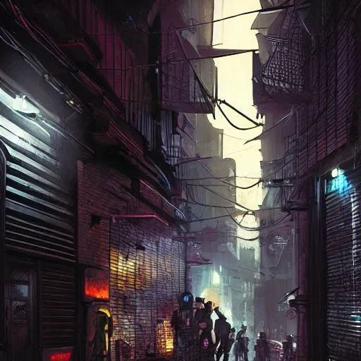 Image similar to epic digital matte paining of a dark alleyway in a cyberpunk city at nighttime by jama jurabaev and denis villeneuve, extremely detailed, artstation