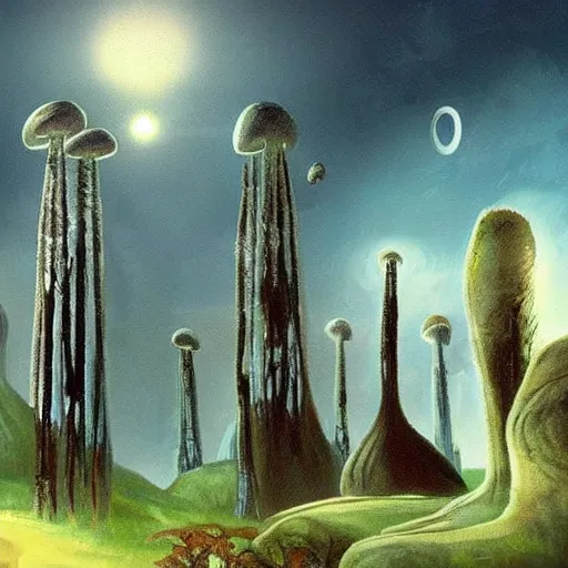 Prompt: the setting of c. s. lewis's out of the silent planet tall alien quadrupeds and tall mushroom trees sci - fi setting