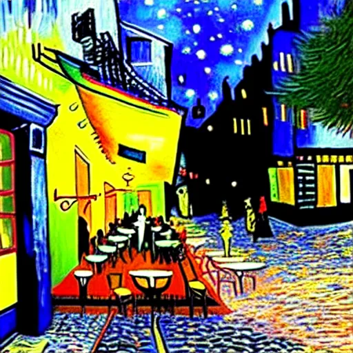 Image similar to Photo of Cyberpunk Cafe Terrace at night by Vincent Van Gogh in real life