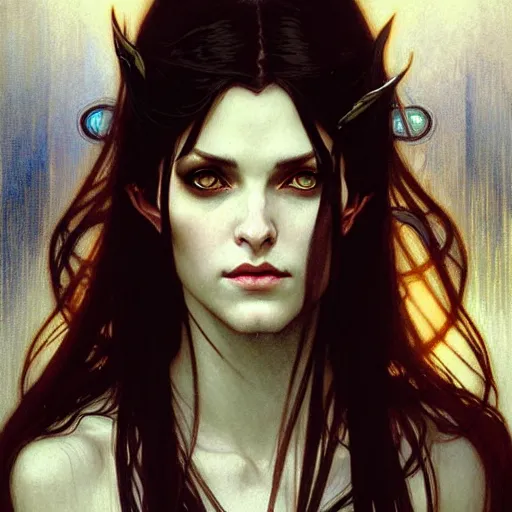 Prompt: Portrait of a pretty half-elf half-vampire young woman. Her hair has black strands and white strands. Her eyes have red irises and vertical pupils. Art by Greg Rutkowski and Alphonse Mucha