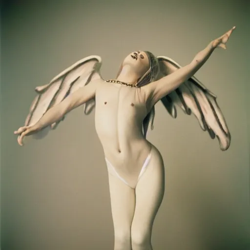 Image similar to realistic expired kodak film full body portrait of an angel performer,, hyperrealism, hypermaxiymalism, photorealistic, detailed, atmospheric, 8 k, award winning photography, cinematic