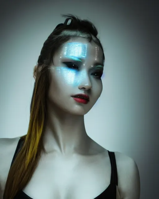 Prompt: close up photo of female dancer with cyberpunk implants with linear bright led lights over face and shoulders, inside white room, ultra - realistic and detailed, 8 k