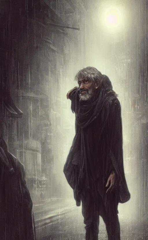 Image similar to Homeless man with divine glowing eyes begging for money in a raining dark city alley by by Charlie Bowater and Pierre Auguste Cot