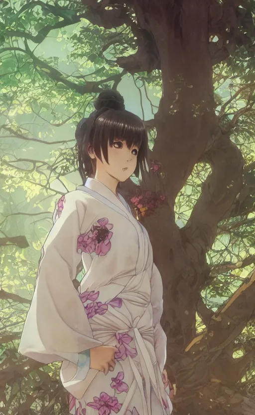 Image similar to anime style, female actress, yukata clothing, sakura tree in background, brown short hair, hair down, symmetrical facial features, from arknights, hyper realistic, rule of thirds, extreme detail, 4 k drawing, safebooru, realistic lighting, by alphonse mucha, greg rutkowski, sharp focus, backlit