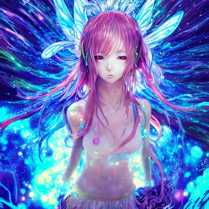 Image similar to ultra detailed illustration of a anime girl covered in liquid chrome, lost in a dreamy fairy multiverse by ross tran, Andrew Thomas Huang, dan mumford, Druillet, colorful, front view, vivid colors, 8k, coherent, artgerm, anime vibes, octane render, uplifting, magical composition, artstation