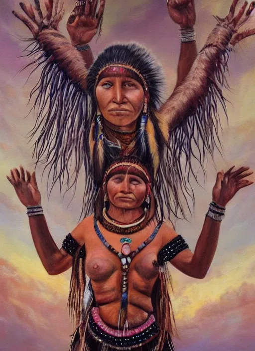 Image similar to a beautiful painting of an indigenous woman seen from behind, holding up her arms to the sky, full body, matte painting, fantasy art, ayahuasca, highly detailed