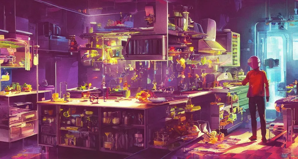 Image similar to IKEA catalogue photo of a cyberpunk kitchen, by Paul Lehr