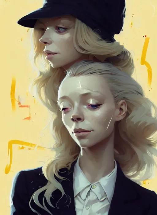 Image similar to highly detailed closeup portrait of beautiful portia doubleday, blonde wavy hair, angela moss, white suit by atey ghailan, by greg rutkowski, by greg tocchini, by james gilleard, by joe fenton, by kaethe butcher, gradient yellow, black and white color scheme, grunge aesthetic!!! ( ( graffiti tag wall background ) )