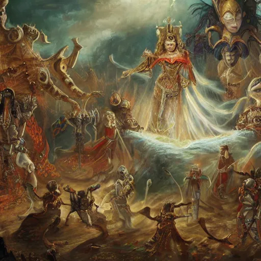Image similar to a ghost queen triumphs over a legion of demons, a painting of an ancient kingdom under the rule of a ghost queen