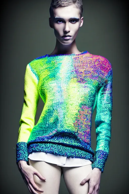 Image similar to stylish pullover for a rave bright colors, many details, photo for a magazine, photo for a store, fashion photography, Vogue, cinematic, hyper realism, high detail, 8k, very coherent symmetrical work, perfect face model, full length photo, Upper and lower body, white eyes, photographer style by Nik Night Erik Madigan Hec and Walter Chin and Camilla Akrans and Miles Aldridge