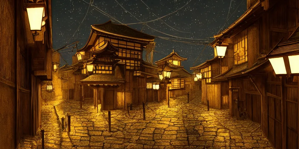 Image similar to Medieval Kyoto street at night, street level, cinematic lighting, 4k, trending on artstation, low key, intricate ink illustration, digital art, ultra detailed, art by albert bierstadt