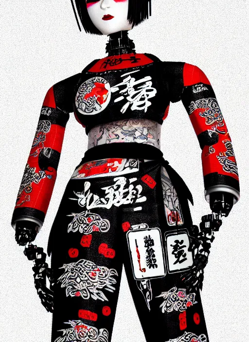 Image similar to full body photo of a punk geisha robot with kanji tattoos and decals wearing a digital pixelated kimono, intricate design, photo - realistic, octane render, ultra fine detailed, character design, trending on artstation