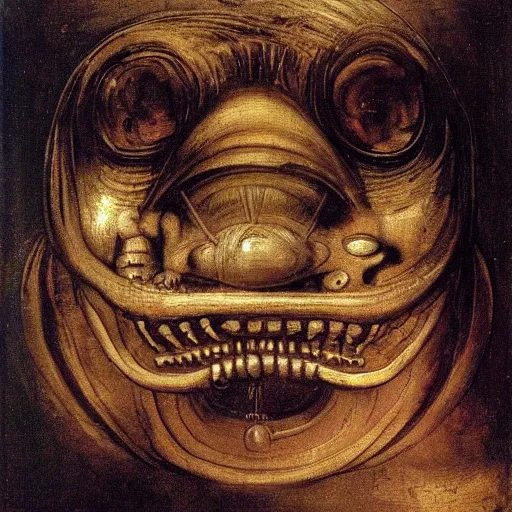 Prompt: large-headed alien dwarf with huge innocent black eyes with vacant expression on face and machinery jutting out of head, famous painting by Rembrandt and H.R. Giger