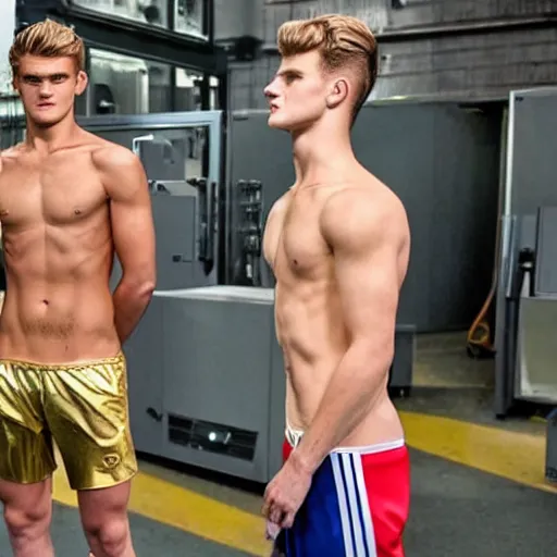 Image similar to a realistic detailed photo of a guy who is an attractive humanoid who is half robot and half humanoid, who is a male android, soccer players martin ødegaard & timo werner, shiny skin, posing like a statue, blank stare, in a factory, on display, showing off his muscles, gold soccer shorts, side view, looking at each other mindlessly