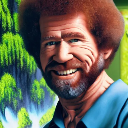 Image similar to a closeup photorealistic photograph of bob ross working on a canvas painting of the incredible hulk. film still. brightly lit scene. mountains and trees. this 4 k hd image is trending on artstation, featured on behance, well - rendered, extra crisp, features intricate detail, epic composition and the style of unreal engine.