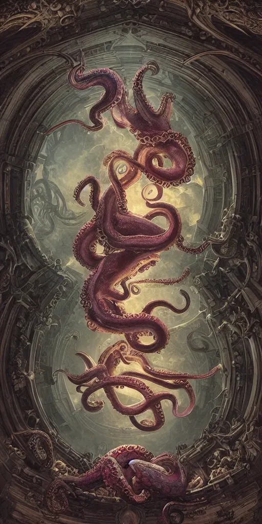 Prompt: magic fight of colorful Ouroboros and enormous octopus floating around inside an ancient mage castle hall colossal scale, gothic and baroque, brutalist architecture, ultradetailed, intricate details by Ellen Jewett and Ayami Kojima