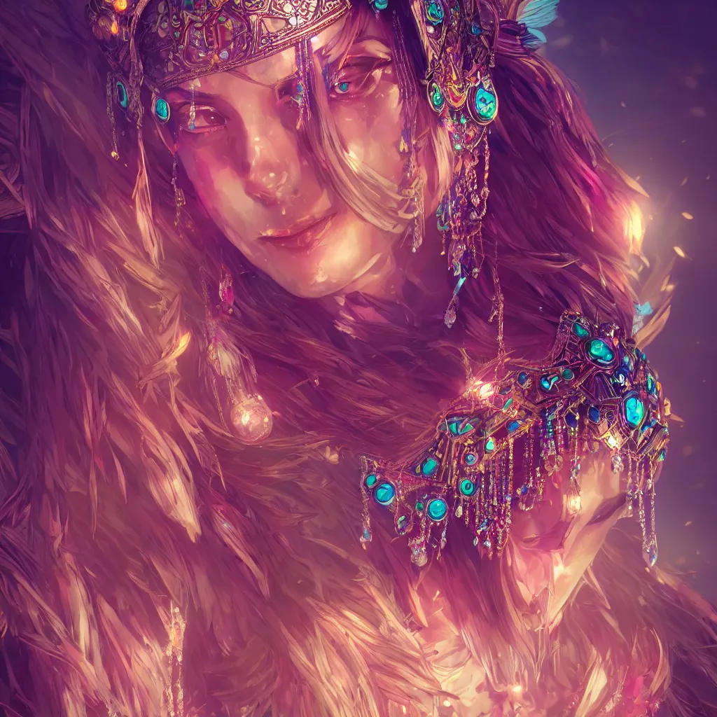 Image similar to portrait highly detailed beautiful symmetrical face high priestess intricate elegant detailed crystal jewellery with tribal feathers, lush colourful volumetric lighting, anime digital painting, concept art, smooth, sharp focus 3 d, divine realm of gods, realistic cinematic style, octane render, photographic, unreal engine 8 k