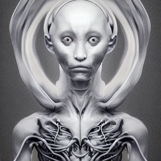 Image similar to hyper realistic photography of an alien, plated arm, intimate, chest, holding close, ribbons, in the style of beth cavener, jin kagetsu,, and wlop, highly detailed, intricate filigree, symmetry, masterpiece, award winning, sharp focus, concept art, highkey lighting, ambient lighting, octane render, 8 k, artstation
