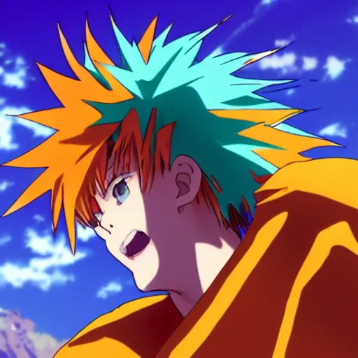 Image similar to orange - haired anime boy, 1 7 - year - old anime boy with wild spiky hair, wearing blue jacket, running past colorful building, red - yellow - blue colored building, turquoise aquamarine windows, strong lighting, strong shadows, vivid hues, ultra - realistic, sharp details, subsurface scattering, intricate details, hd anime, 2 0 1 9 anime