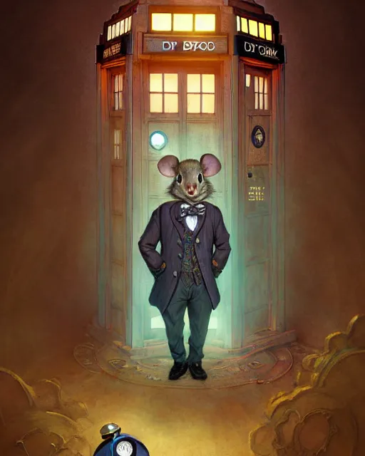 Image similar to anthropomorphic art of a detective mouse inside tardis, victorian inspired clothing by artgerm, victo ngai, ryohei hase, artstation. fractal papersand books. highly detailed digital painting, smooth, global illumination, fantasy art by greg rutkowsky, karl spitzweg, doctor who