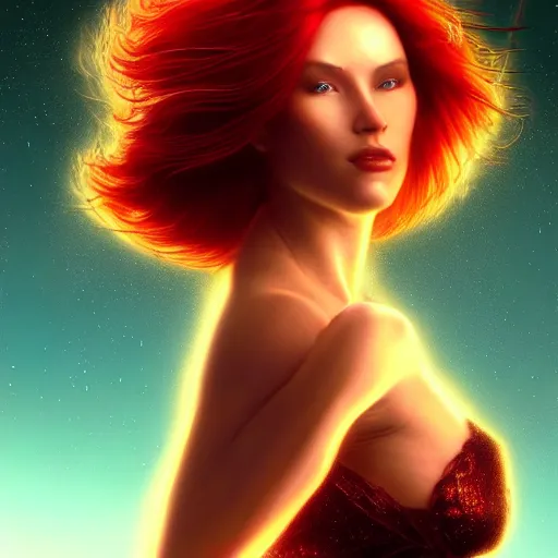 Prompt: Beautiful 3d render of a stunning!!! woman with flowing red hair in a sensual pose, atmospheric lighting, painted, intricate, volumetric lighting, beautiful, rich deep colors masterpiece, golden hour, sharp focus, ultra detailed, in the style of Dan Mumford and Johfra Bosschart, with a crowded futuristic cyberpunk city in the background, astrophotography