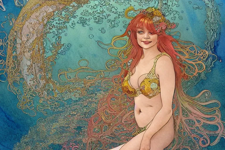 Image similar to a beautiful intricate watercolor illustration of goldie hawn as a mermaid in a coral reef, tropical fish and coral, 4 k, ultra - wide angle, by william turner, by victo ngai, by alphonse mucha, by miho hirano, by moebius, hd, trending on artstation, hyper detailed, muted intense colors