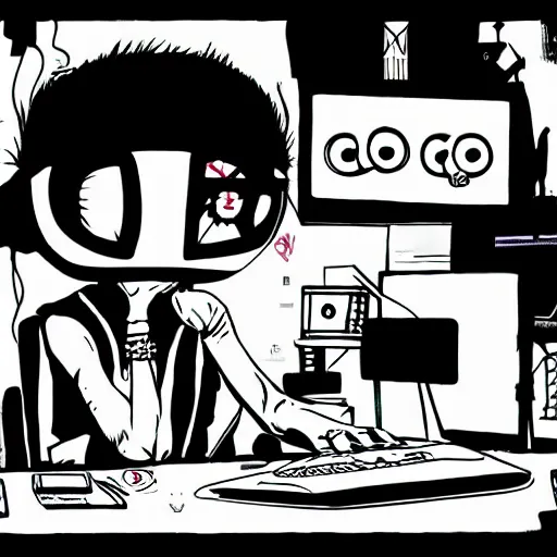 Image similar to goth computer nerd in a cluttered room wearing a vr headset, by jamie hewlett, anime,