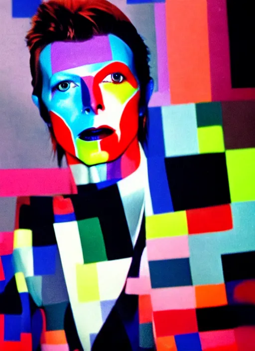 Image similar to portrait close up of david bowie music clip with sonia delaunay clothing, neon lights, photorealistic, eastman kodak