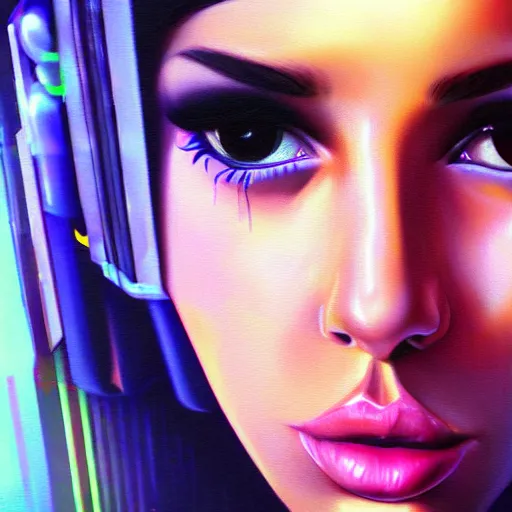 Image similar to a hyperrealistic painting of a beautiful girl, cyberpunk, highly detailed, sharp focus, synthwave