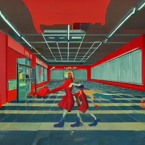 Image similar to red people with clouds at yellow blue art deco empty grocery store, open ceiling, highly detailed, painted by Francis Bacon and Edward Hopper, painted by James Gilleard, surrealism, airbrush, art by James Jean