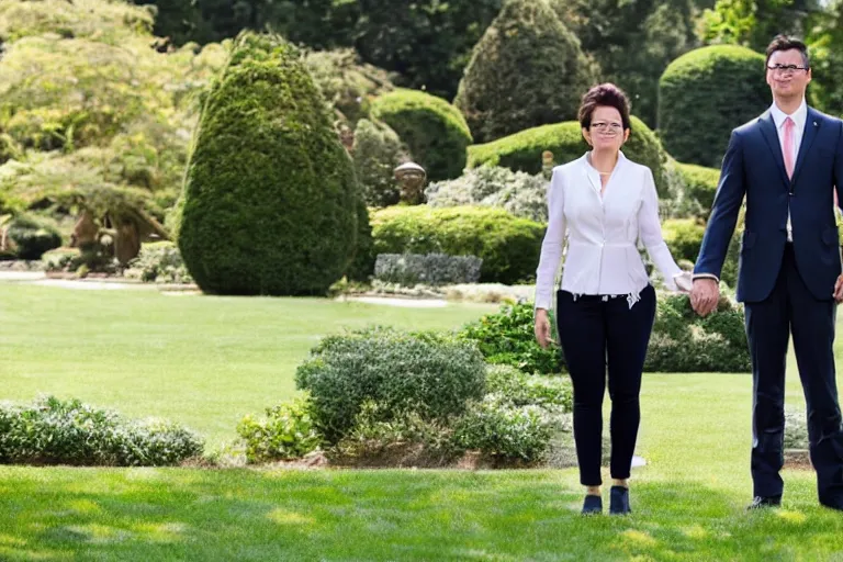 Image similar to beautiful 3 5 year old female president wearing suit alone in the white house rose garden with her two boyfriends, holding hands, press photo, dslr, bokeh, romantic