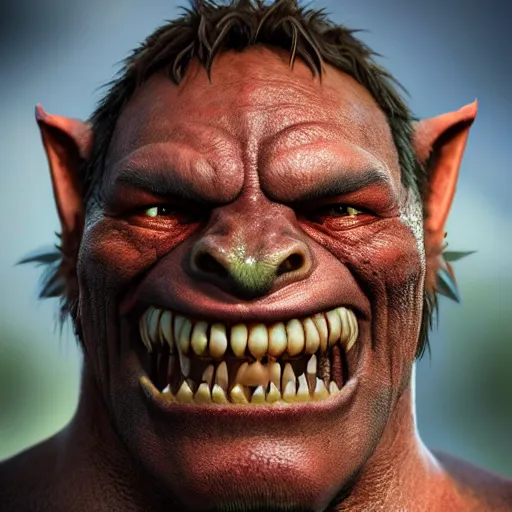 Prompt: An orc smiling into the camera, portrait, artstation, realistic, highly detailed, bokeh, by Alex Flores