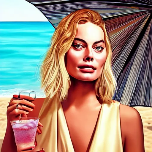 Image similar to a portrait of margot robbie holding a coctail on the beach, beautiful face, highly detailed, digital art