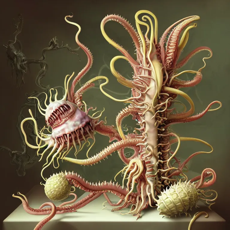 Prompt: still life of white xenomorph, beautiful pastel color tropical flowers, glossy metallic human spine, spiky tentacles, tropical fruit, human body parts, colorful mold, baroque painting, beautiful detailed intricate insanely detailed octane render, 8K artistic photography, photorealistic, perfect composition, golden ratio, chiaroscuro, Raphael, Caravaggio