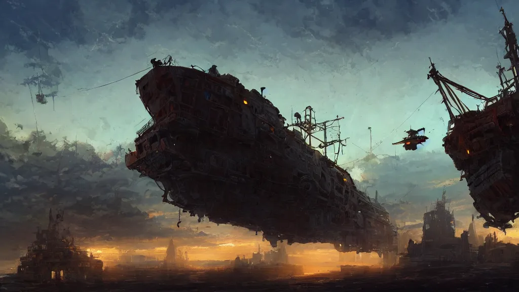 Prompt: A flying rusty ship in the evening sky, gleaming volumetric-lighting-style atmosphere, intricate, detailed, photorealistic imagery, oil on canvas, concept art, by Ian McQue, trending on artstation, 4k, 8k